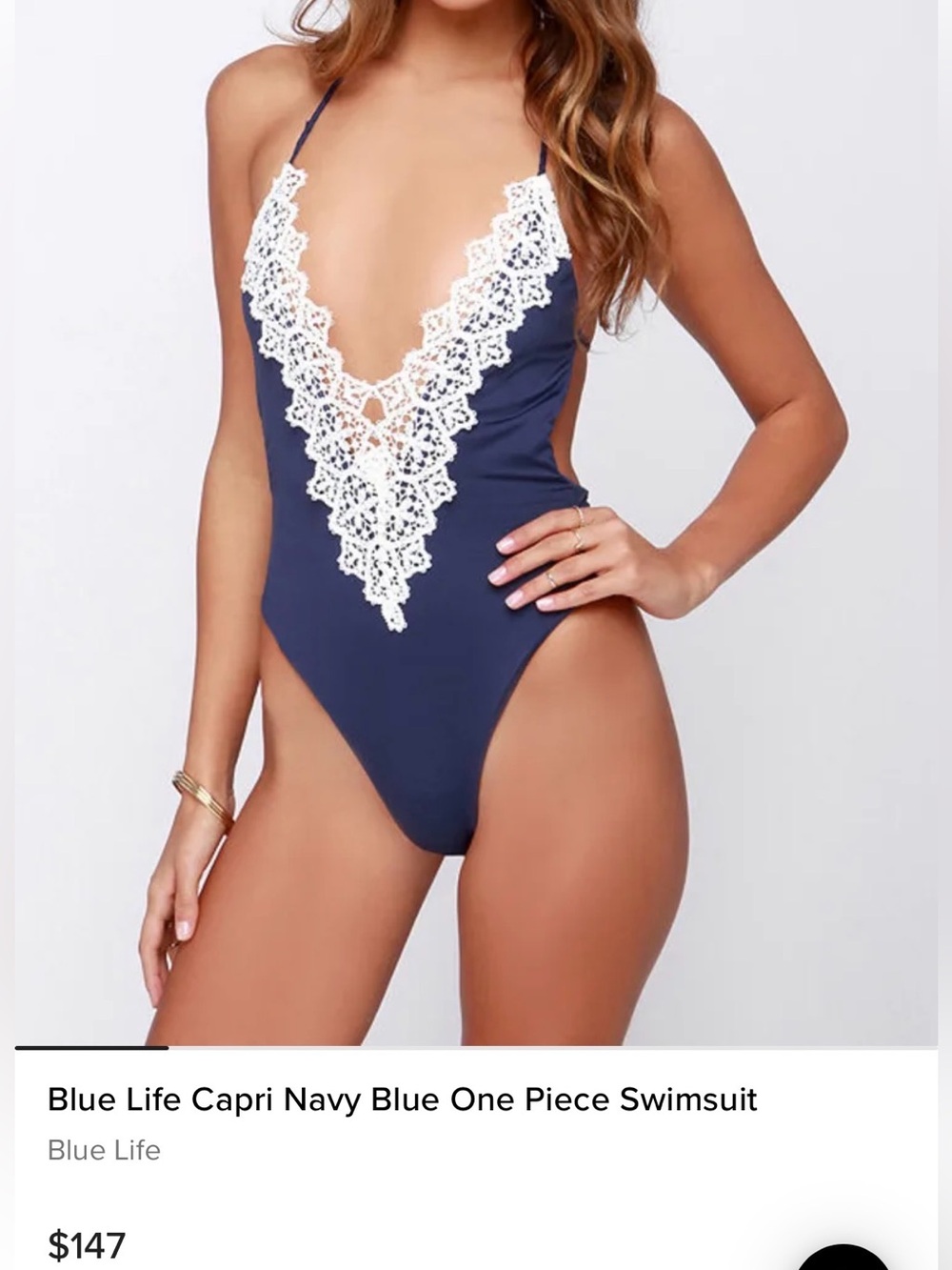 Blue Life Navy One-Piece Swimsuit with White Lace V-Front New Size Small.